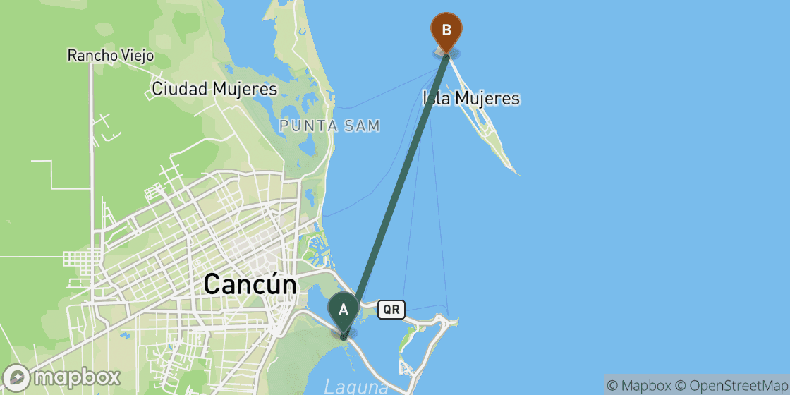 Karte mit der Route von Cancun nach Isla Mujeres - 12 km