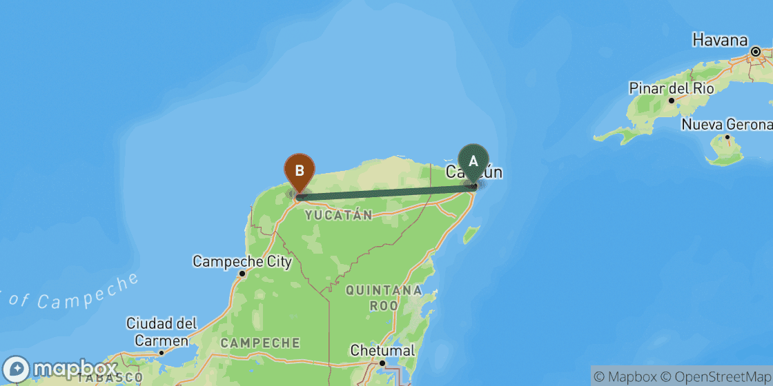 Carte montrant l’itinéraire de Cancun à Merida - 291 km
