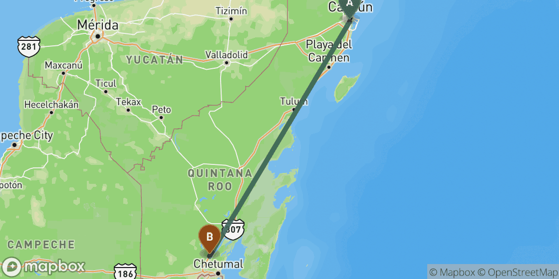 Map showing route from Cancun to Bacalar - 321 km