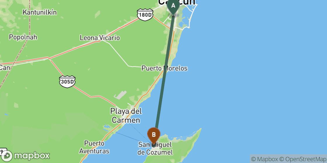 Kaart met de route van Cancun naar Cozumel - 83 km