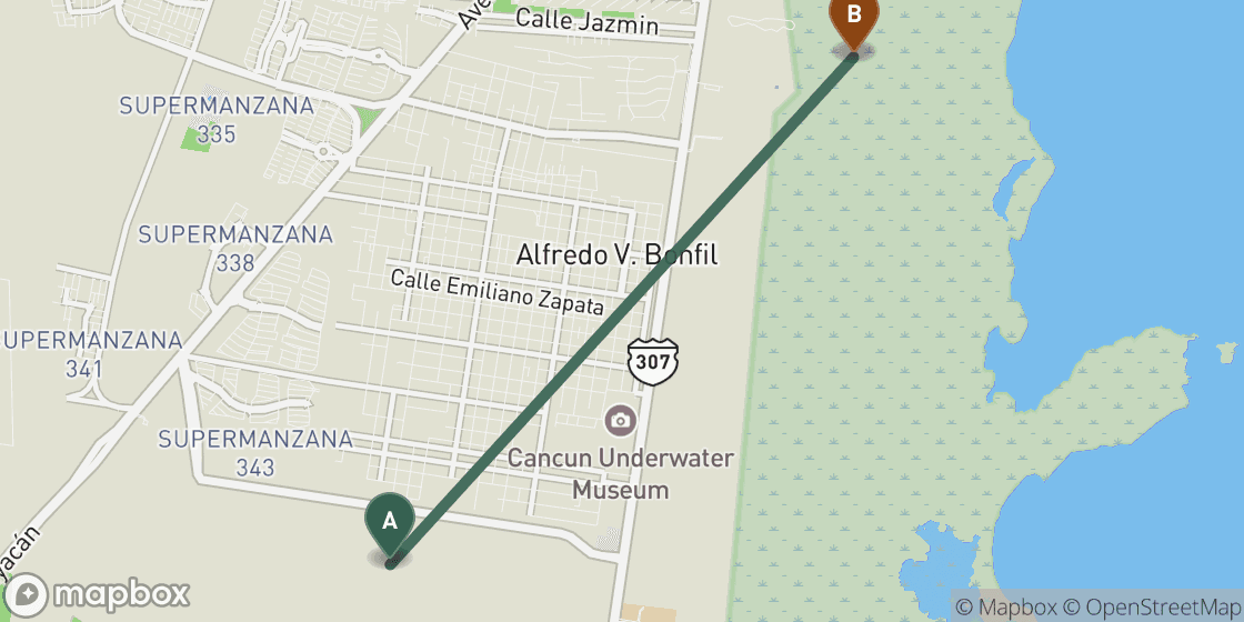Map showing route from Cancun Airport to Cancun City Centre - 6 km