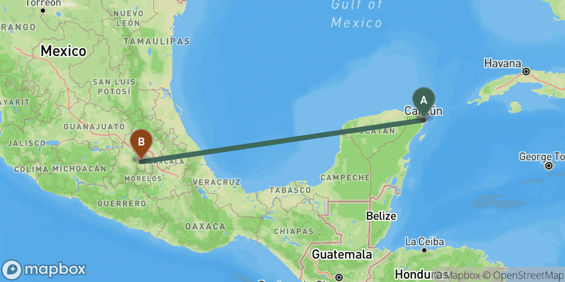 Carte montrant l’itinéraire de Cancun à Mexico City - 1 300 km