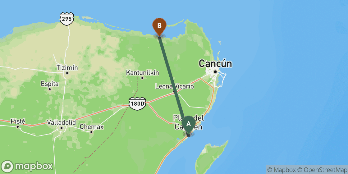 Map showing route from Playa del Carmen to Chiquila - 93 km