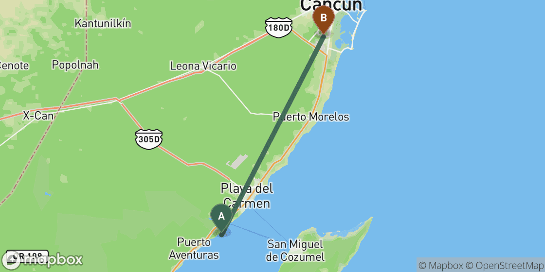 Carte montrant l’itinéraire de Playa del Carmen à Cancun - 65 km