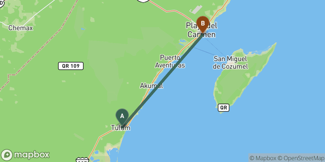 Carte montrant l’itinéraire de Tulum à Playa del Carmen - 62 km
