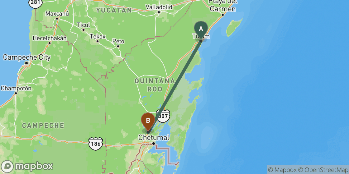 Carte montrant l’itinéraire de Tulum à Bacalar - 196 km