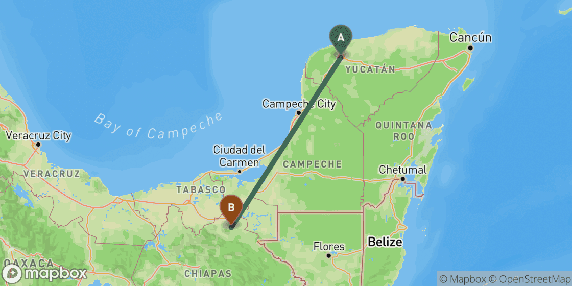 Carte montrant l’itinéraire de Merida à Palenque - 464 km