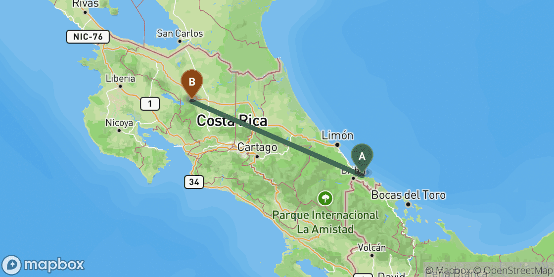 Map showing route from Puerto Viejo de Talamanca to La Fortuna - 226 km