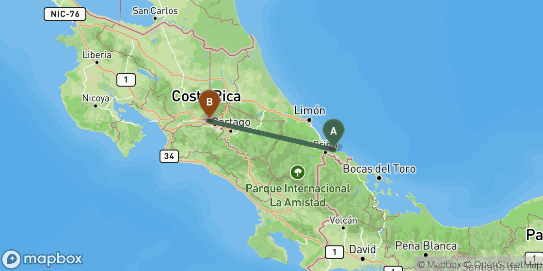 Map showing route from Puerto Viejo de Talamanca to San Jose - 148 km