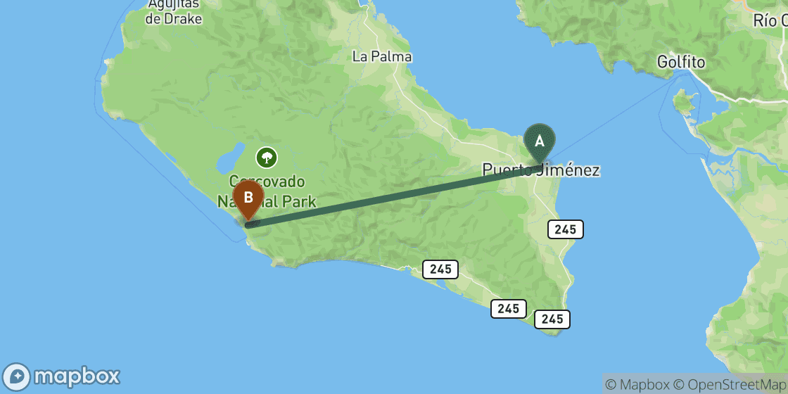 Kaart met de route van Puerto Jimenez naar Corcovado - 32 km