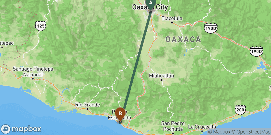 Map showing route from Oaxaca to Puerto Escondido - 139 km
