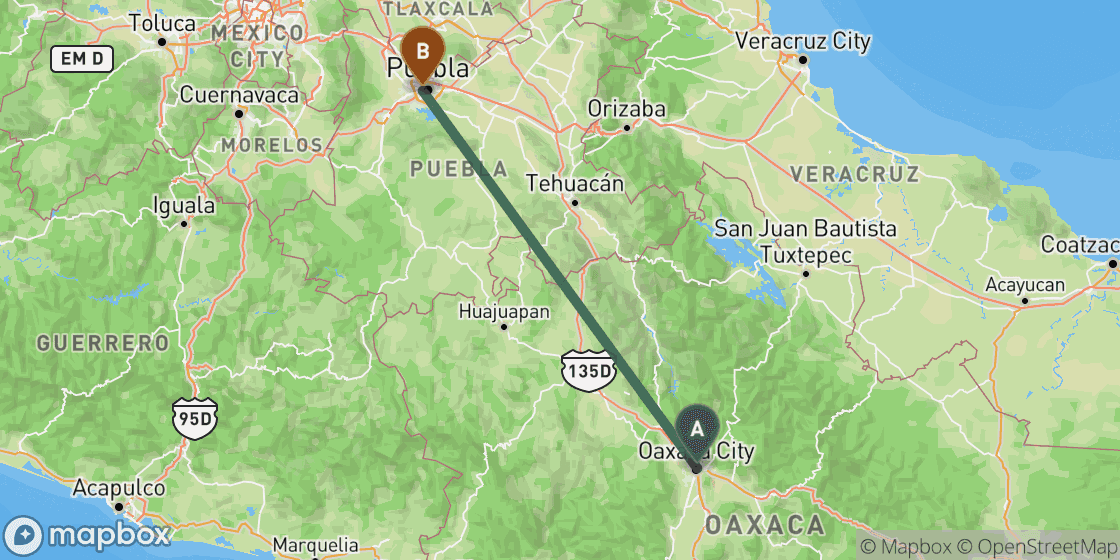 Kaart met de route van Oaxaca naar Puebla - 248 km