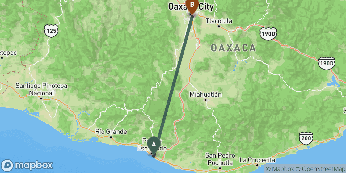 Carte montrant l’itinéraire de Puerto Escondido à Oaxaca - 139 km