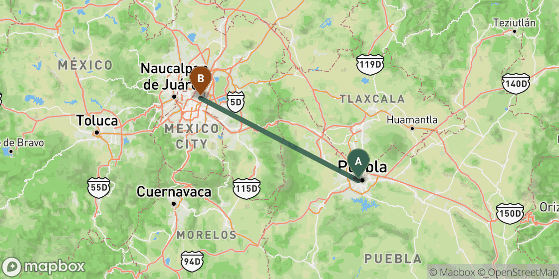 Kaart met de route van Puebla naar Mexico City - 137 km