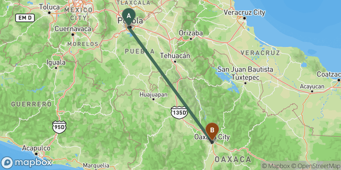 Carte montrant l’itinéraire de Puebla à Oaxaca - 248 km