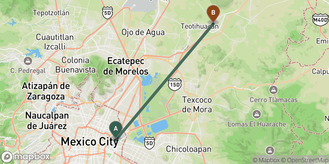 Karte mit der Route von Mexico City nach Teotihuacan - 49 km