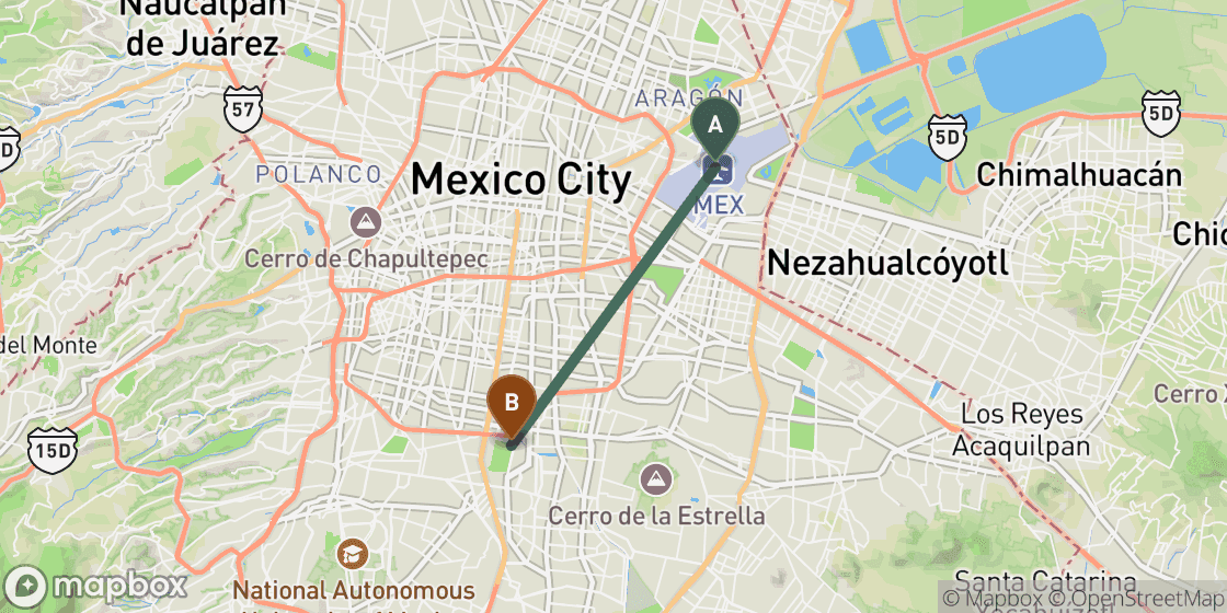 Map showing route from Mexico City Airport to Mexico City Centre - 10 km