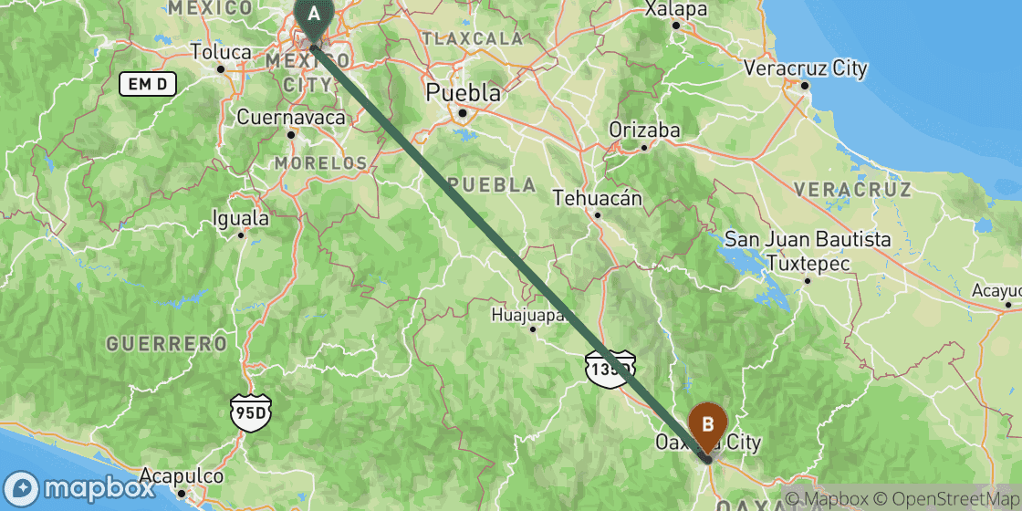 Map showing route from Mexico City to Oaxaca - 360 km