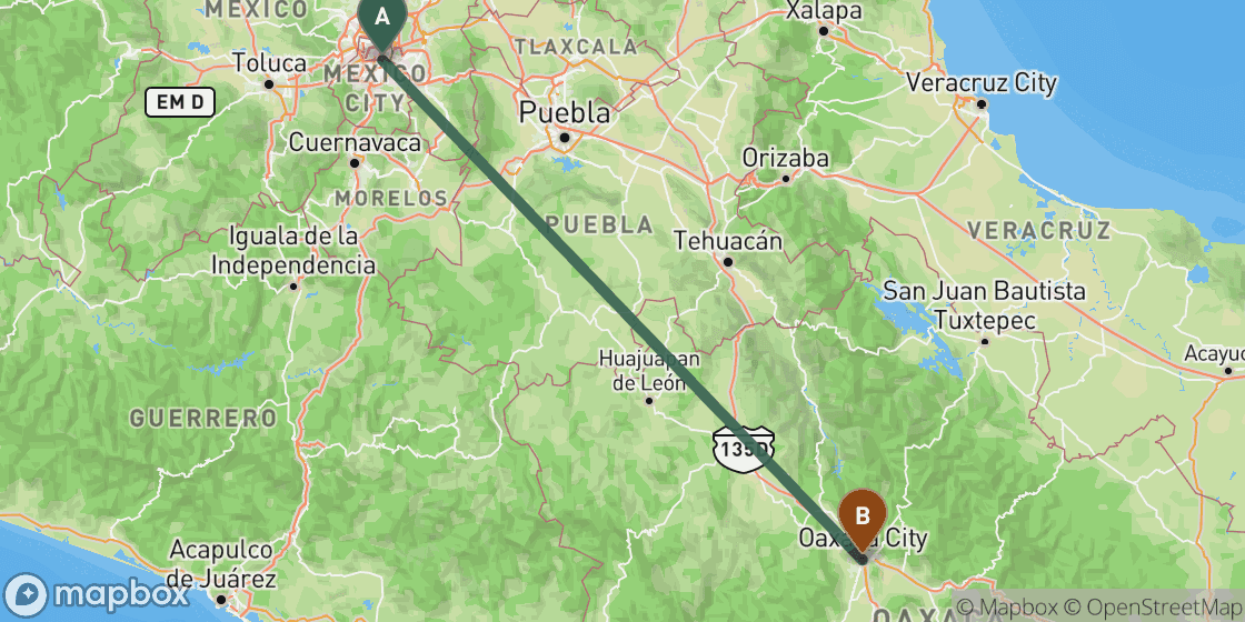 Mapa que muestra la ruta de Mexico City a Oaxaca - 360 km