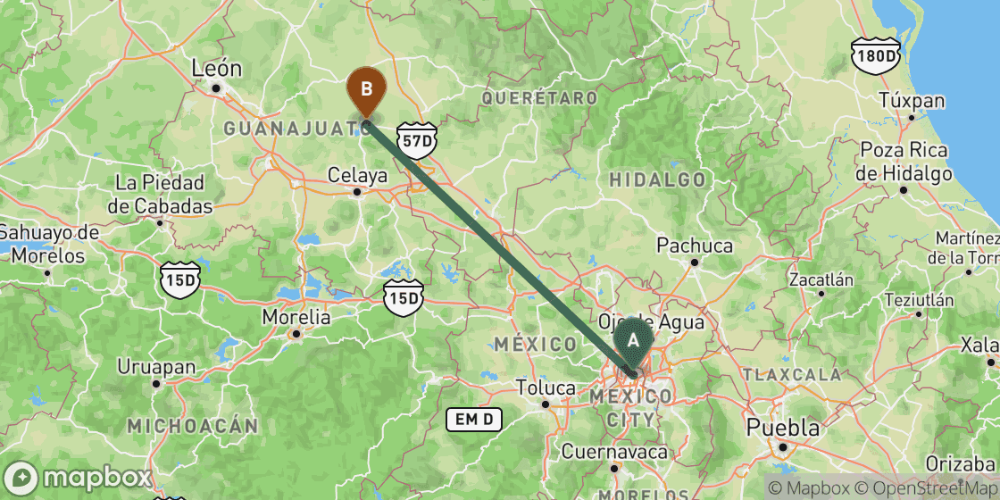 Mapa que muestra la ruta de Mexico City a San Miguel de Allende - 242 km