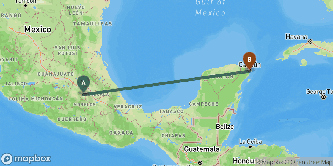 Kaart met de route van Mexico City naar Cancun - 1.300 km
