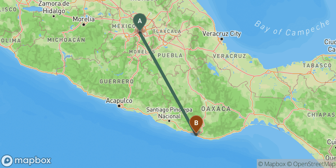 Carte montrant l’itinéraire de Mexico City à Puerto Escondido - 446 km