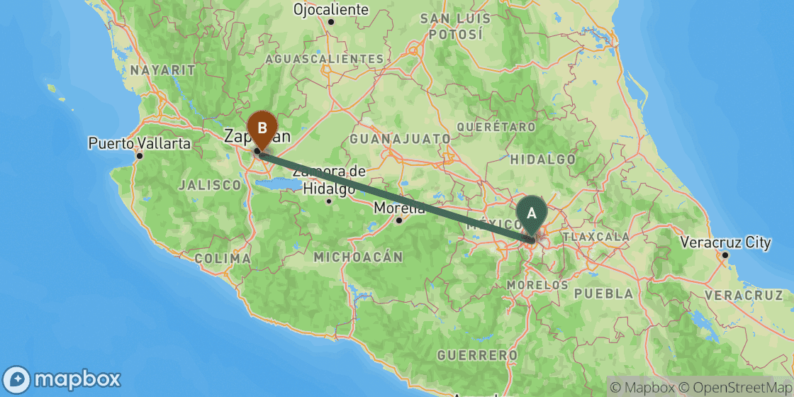 Carte montrant l’itinéraire de Mexico City à Guadalajara - 463 km