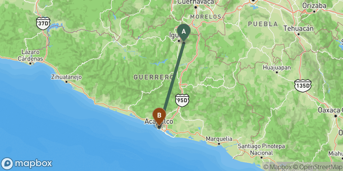 Carte montrant l’itinéraire de Mexico City à Acapulco - 288 km