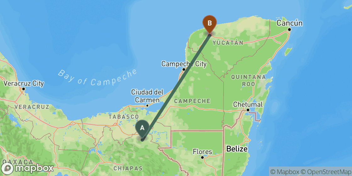 Map showing route from Palenque to Merida - 464 km