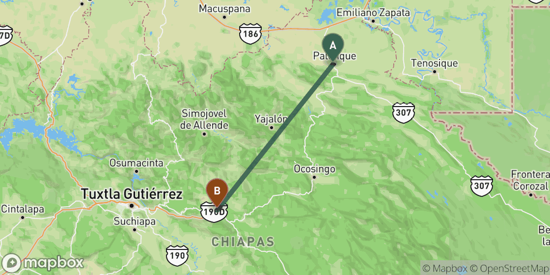 Kaart met de route van Palenque naar San Cristobal de las Casas - 104 km