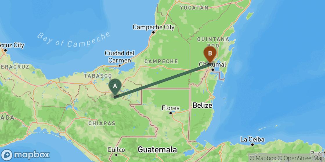 Carte montrant l’itinéraire de Palenque à Bacalar - 409 km