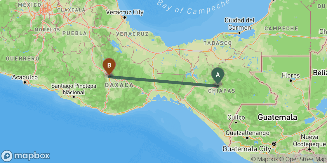 Map showing route from San Cristobal de las Casas to Oaxaca - 436 km