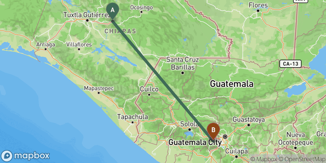 Map showing route from San Cristobal de las Casas to Antigua - 317 km