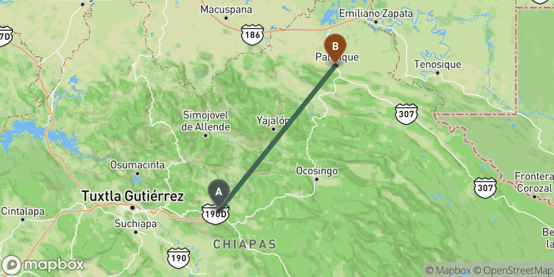 Map showing route from San Cristobal de las Casas to Palenque - 104 km