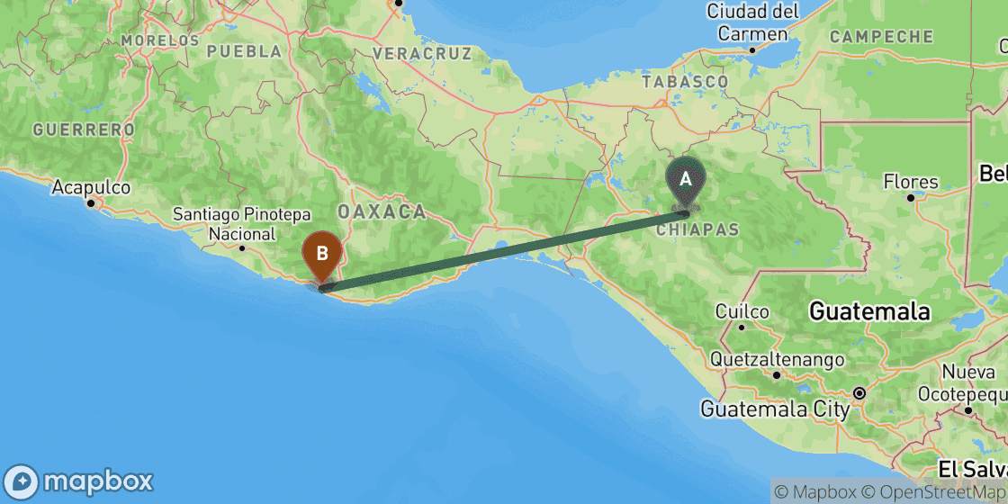 Carte montrant l’itinéraire de San Cristobal de las Casas à Puerto Escondido - 483 km