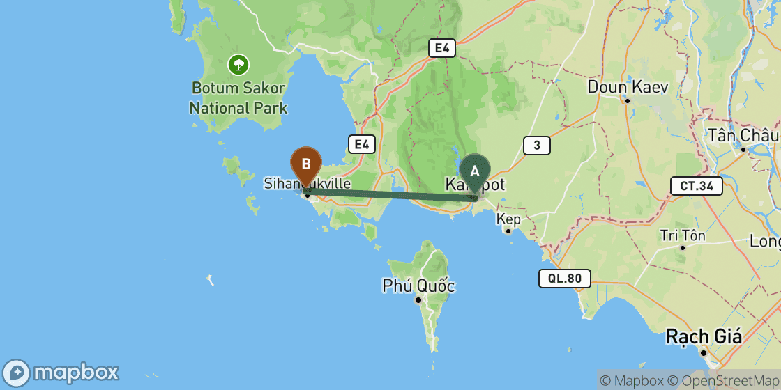 Map showing route from Kampot to Sihanoukville - 70 km