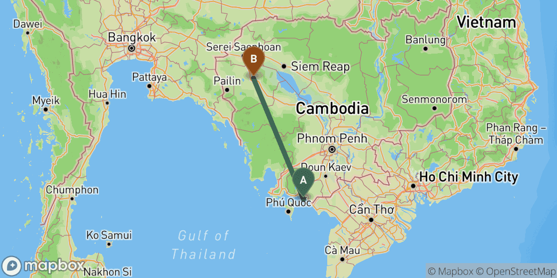 Map showing route from Kep to Battambang - 316 km