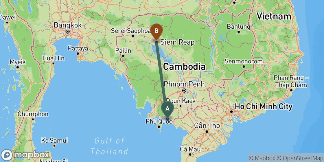 Map showing route from Kep to Siem Reap - 324 km