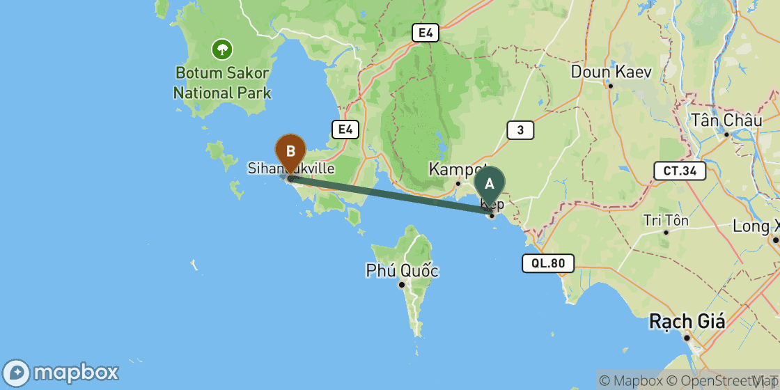 Map showing route from Kep to Sihanoukville - 88 km