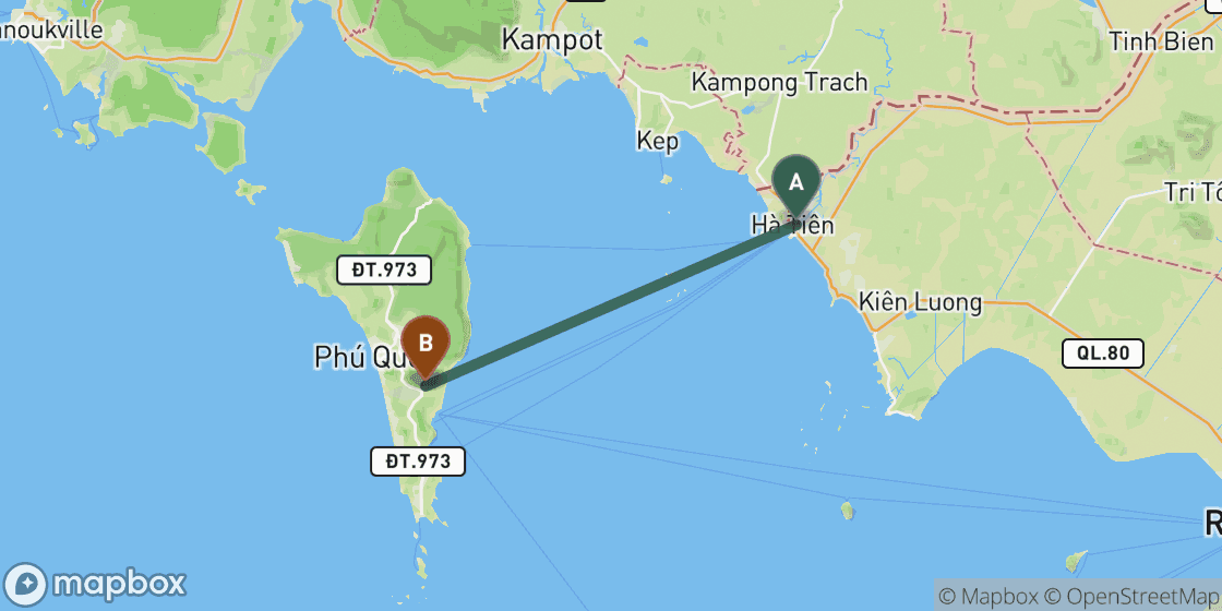 Map showing route from Ha Tien Ferry Port to Phu Quoc - 61 km