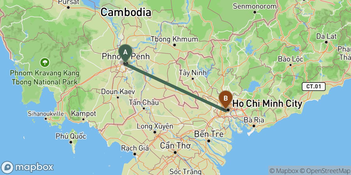 Map showing route from Phnom Penh to Ho Chi Minh - 213 km