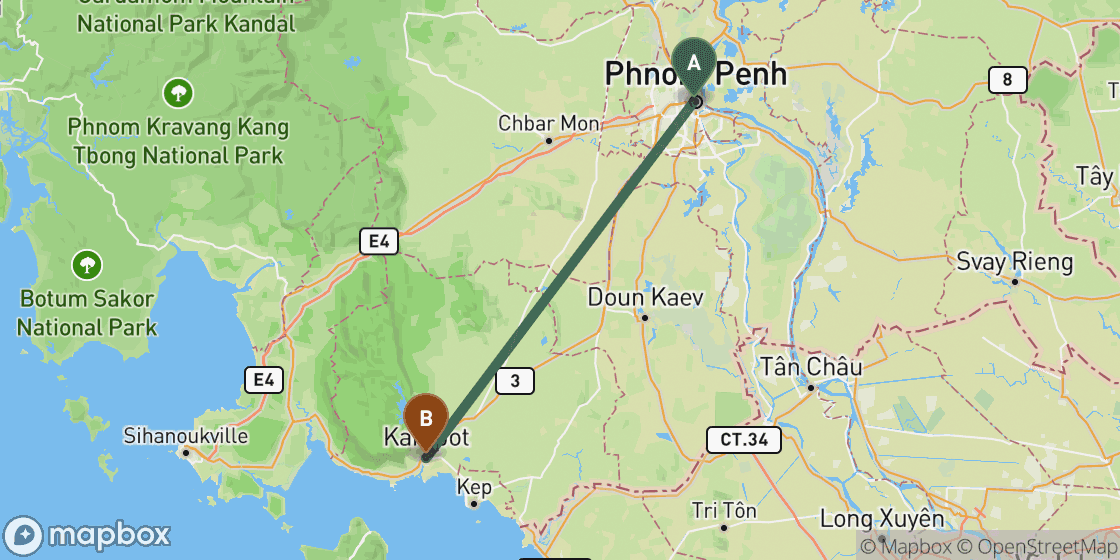 Map showing route from Phnom Penh to Kampot - 136 km
