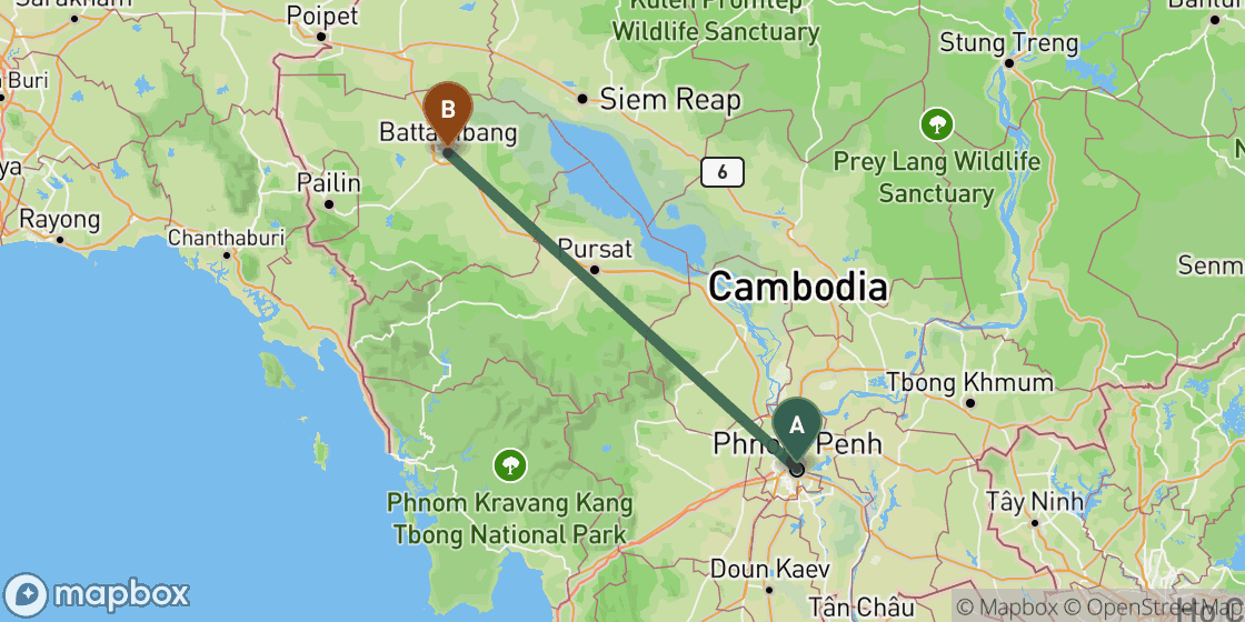 Map showing route from Phnom Penh to Battambang - 253 km
