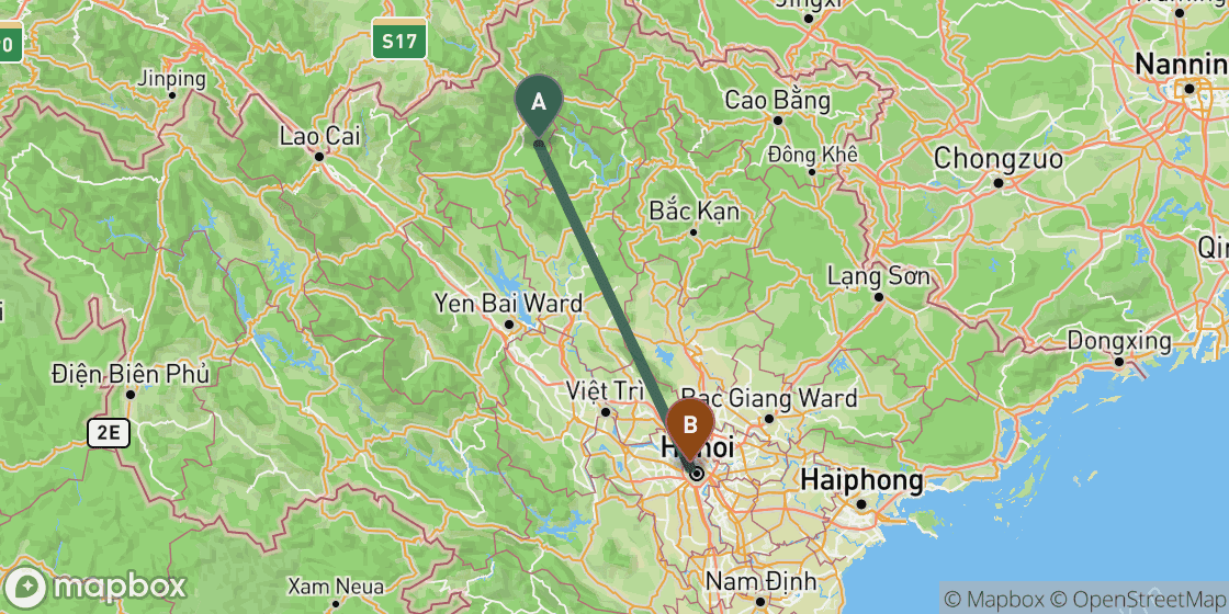 Map showing route from Ha Giang to Hanoi - 211 km