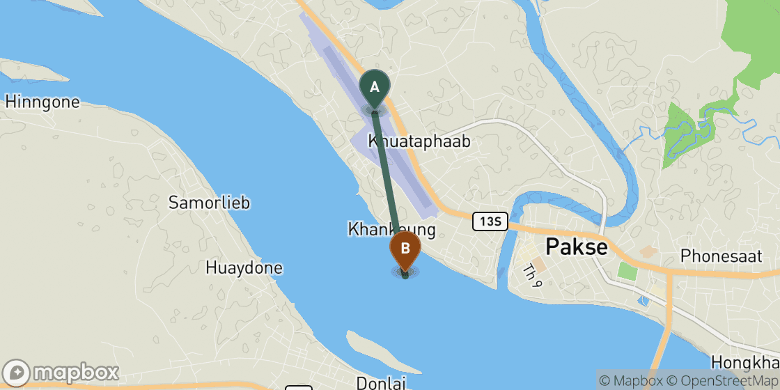 Map showing route from Pakse Airport to Pakse City Centre - 5 km