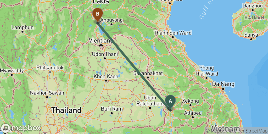 Map showing route from Pakse to Vang Vieng - 552 km