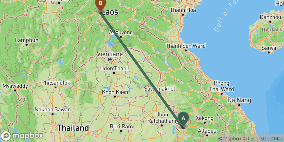 Map showing route from Pakse to Luang Prabang - 657 km