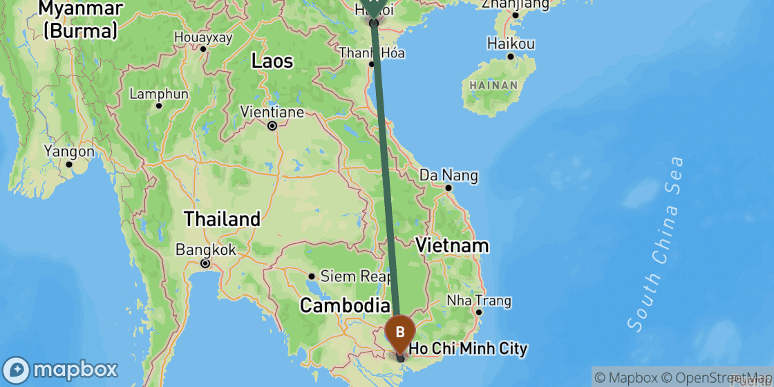 Map showing route from Hanoi to Ho Chi Minh - 1,143 km
