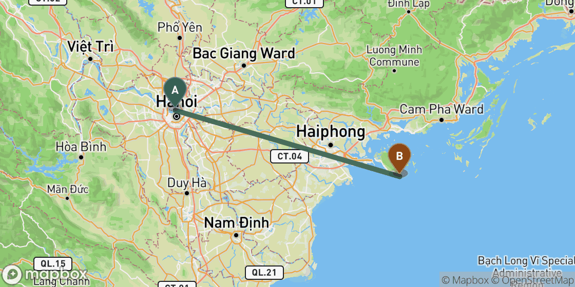 Map showing route from Hanoi to CatBa - 130 km