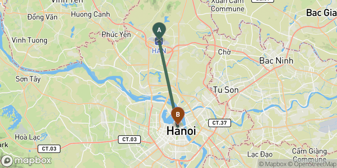 Kaart met de route van Hanoi Airport naar Hanoi City Centre - 30 km